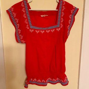 Boho Red Top with Blue and White Threaded Detail